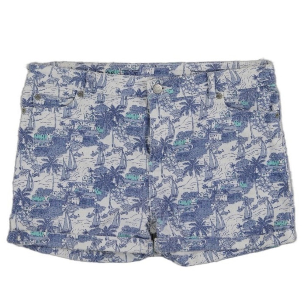 Vineyard Vines Shorts Women's Size 16 Blue White Coastal Toile Sailboats Cuffed